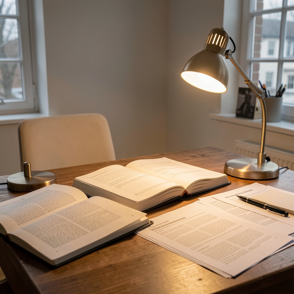 Open notebook on wooden desk in morning light, handwritten notes with a pen beside it, clean editorial workspace