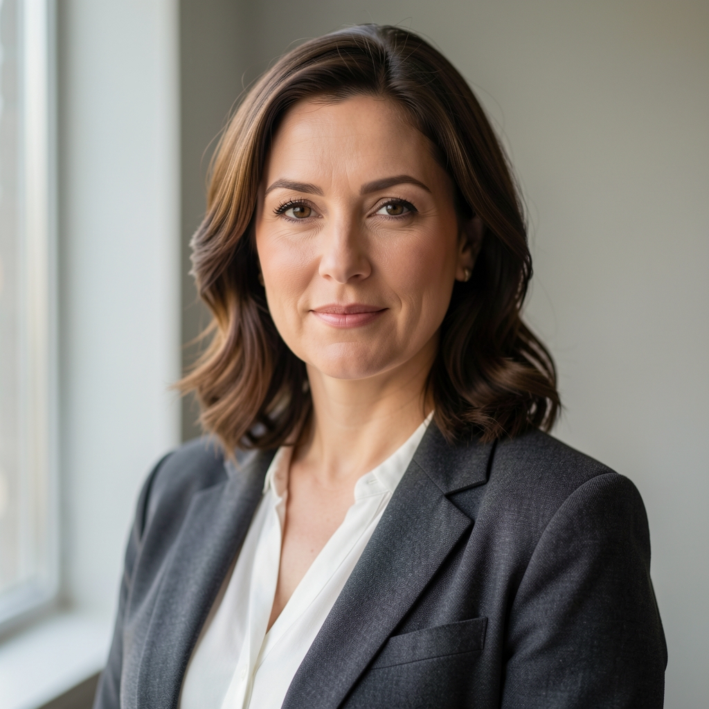 Editorial portrait of a woman in her late thirties, soft natural light from a window, neutral background, professional composure