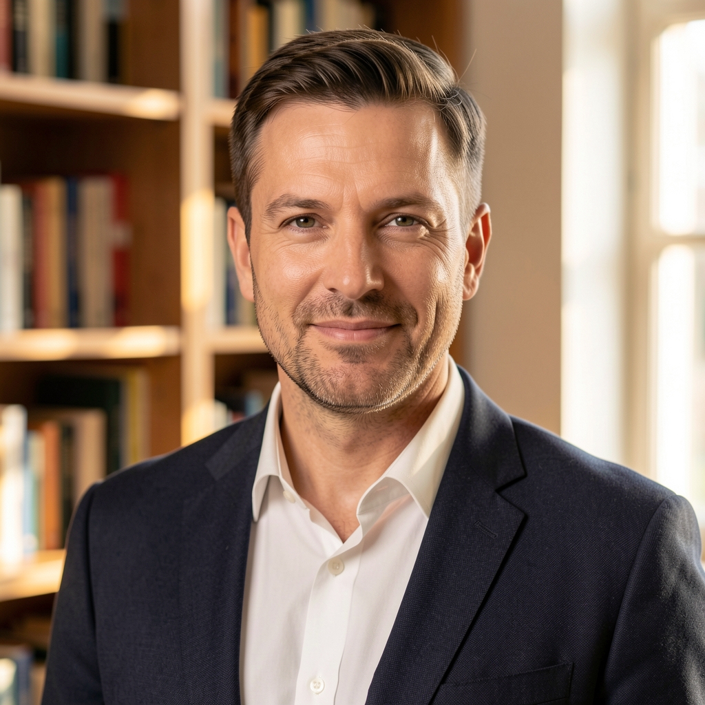 Editorial portrait of a man in his early forties, warm indoor light, bookshelf visible in soft focus background