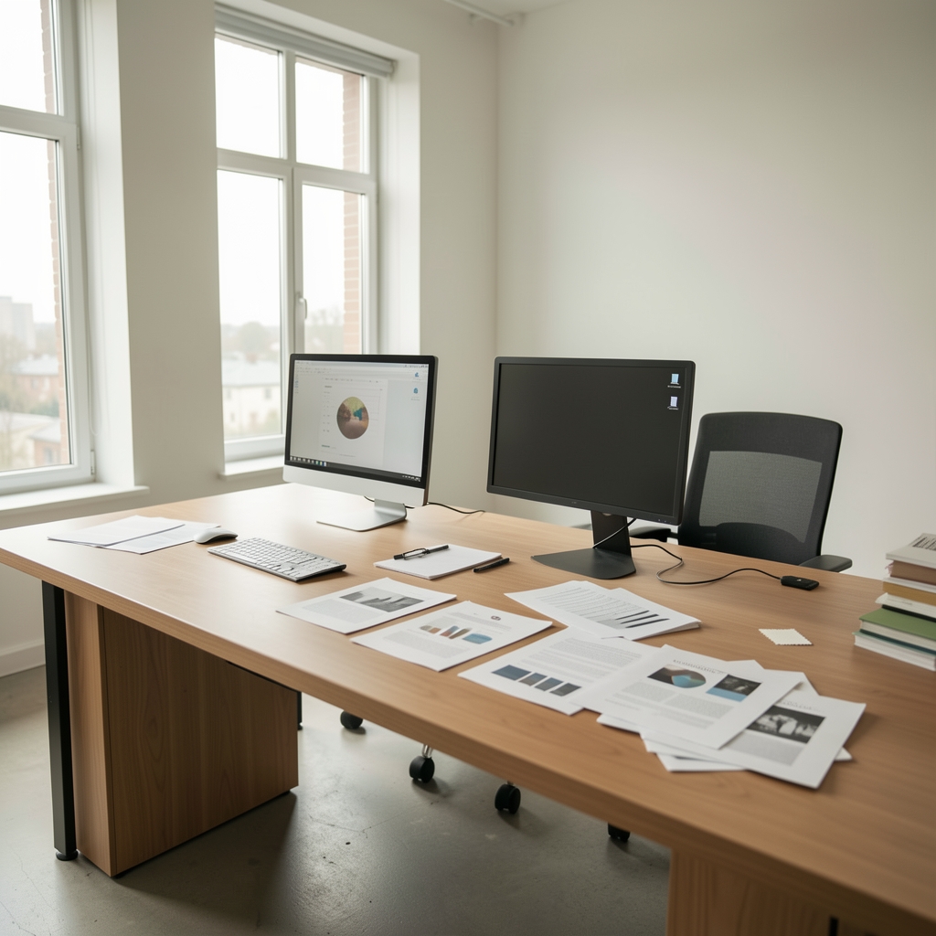 Clean editorial office interior with long wooden desk, scattered printed papers, two monitor screens and soft north light from tall windows