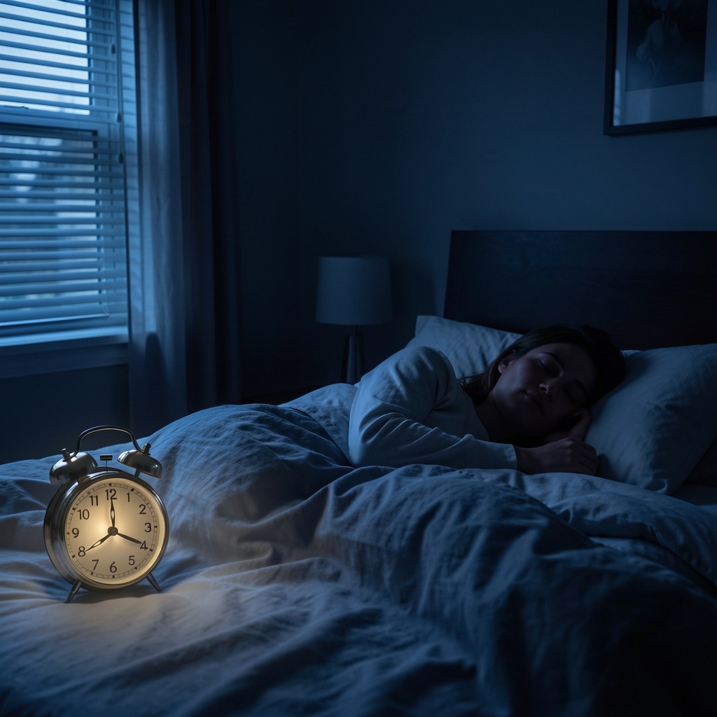 Person lying still in a darkened bedroom, alarm clock showing 3am, soft blue ambient light from window blinds