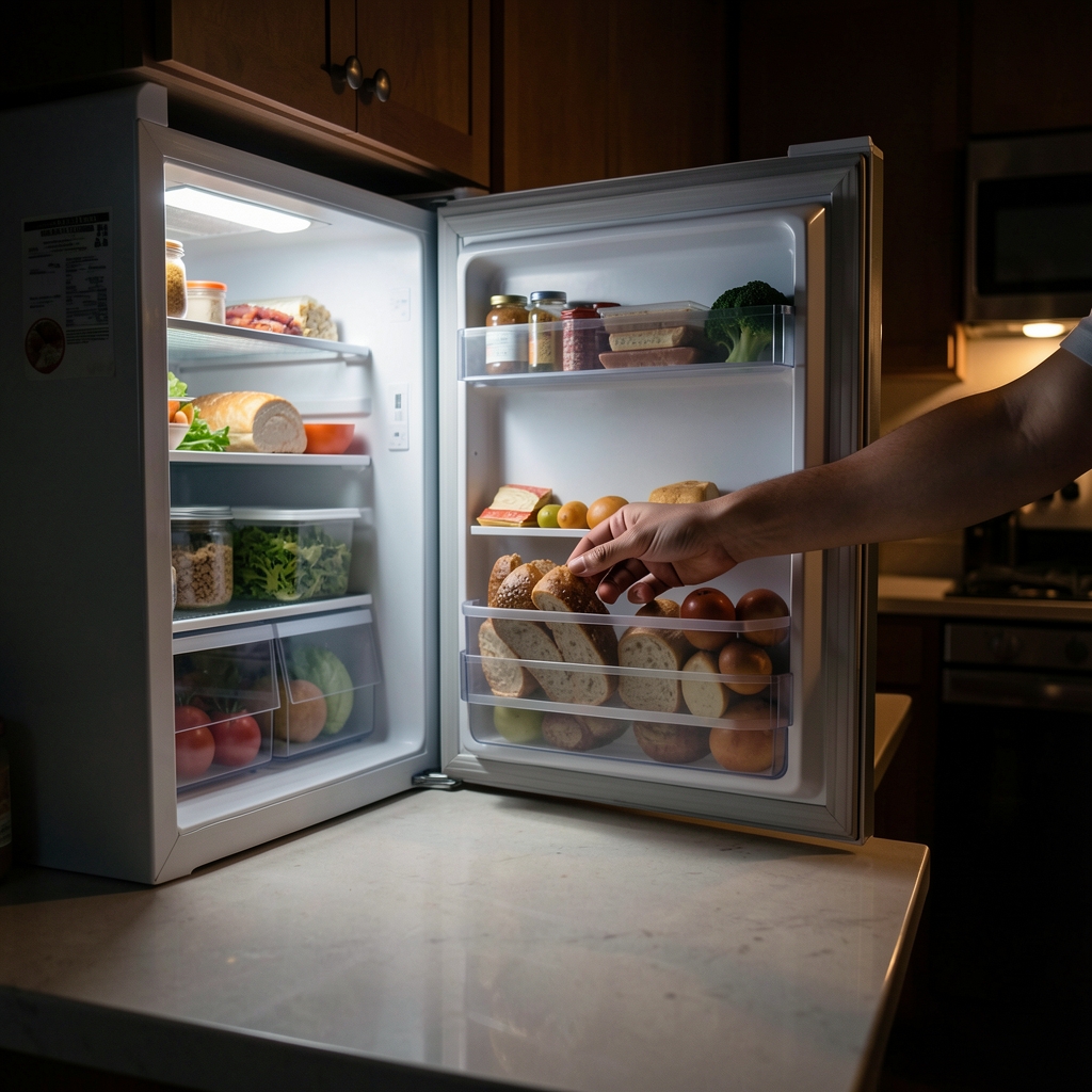 Kitchen counter at night with open refrigerator light casting glow in dark room, hand reaching for food