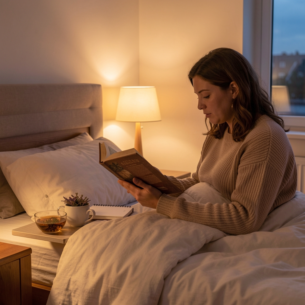 Warm bedroom scene at dusk, person reading book under lamp light, notebook and herbal tea on bedside table