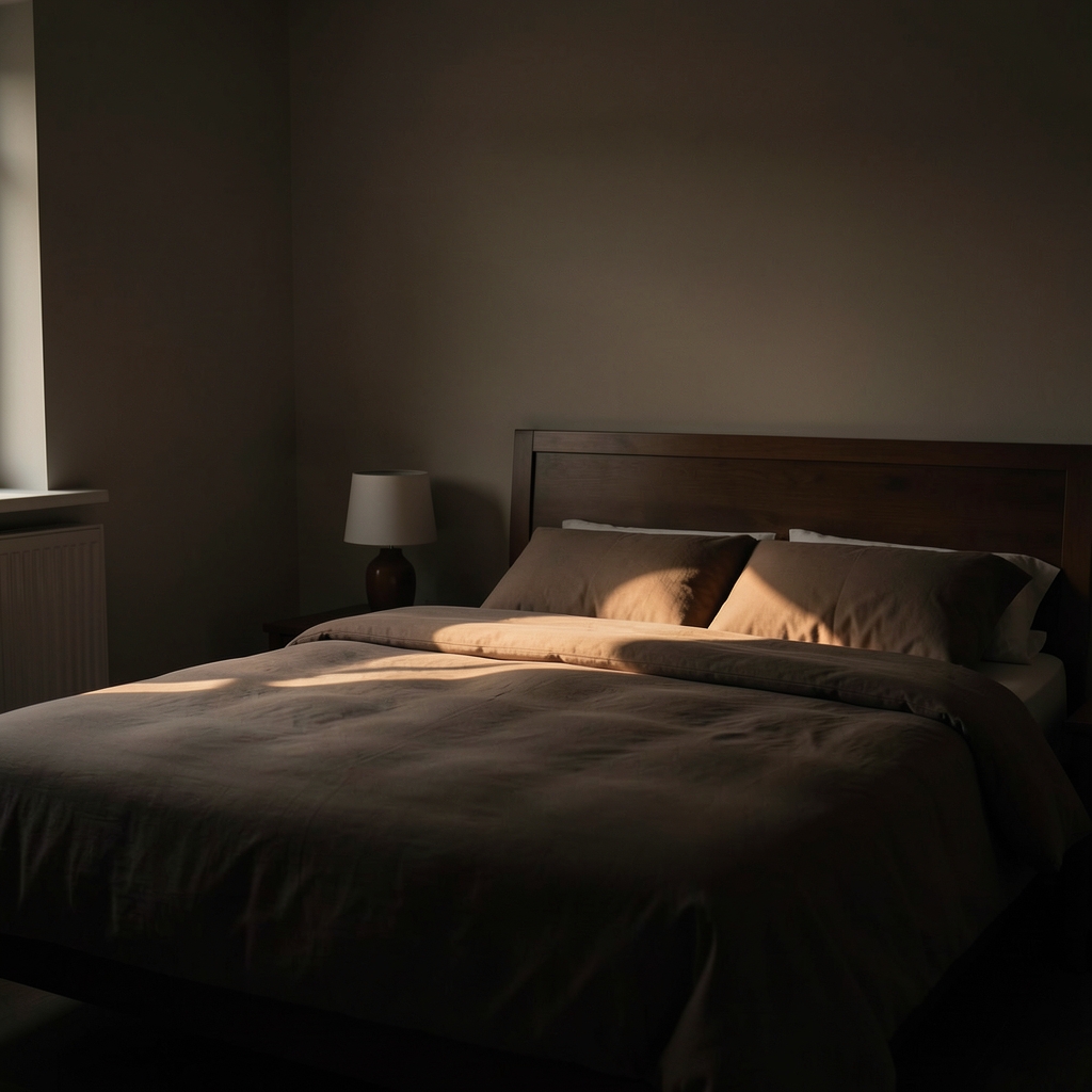 Dark bedroom with thin stripe of early morning light crossing a bed, warm and still atmosphere